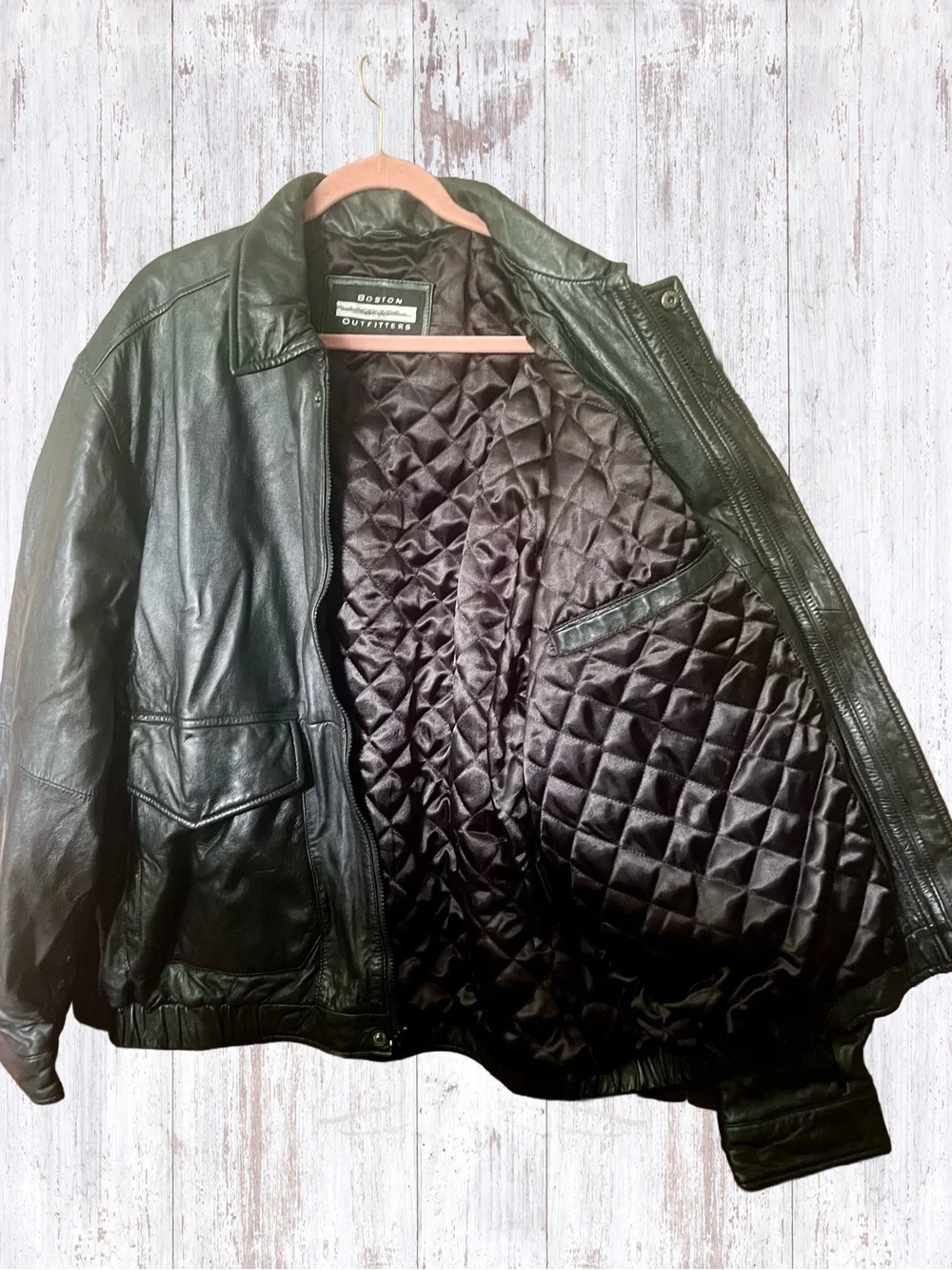 EUC Vintage Boston Outfitters Black Leather Bomber Jacket Size XXL